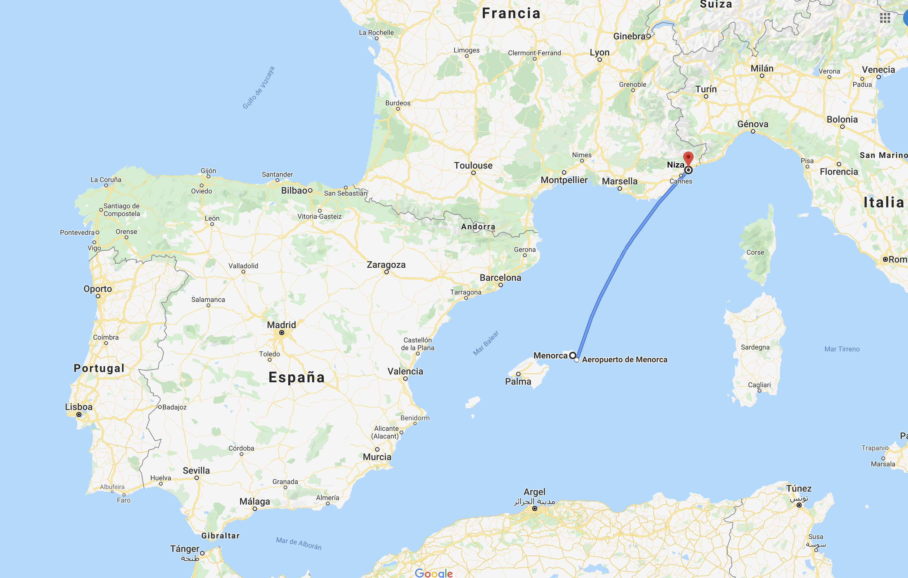 Vuelo directo de Menorca a Niza